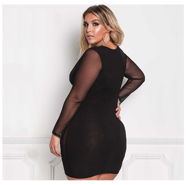 SZ60021 Womens Sexy V Neck Mesh Long Sleeves Autumn Plus Size Womens Dress